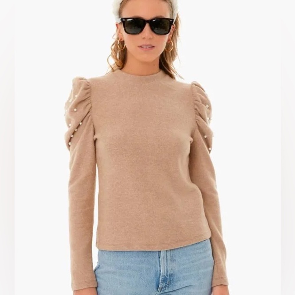 Pomander Place Tan sweater with Pearl Accents